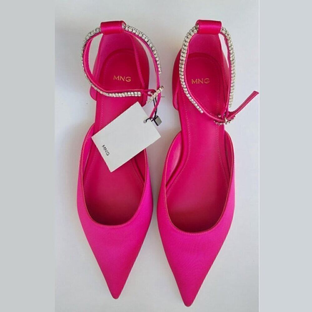 MANGO Fuchsia Satin Rhinestone Pointed Toe Flats NWT Barbiecore Shoes - Picture 9 of 16